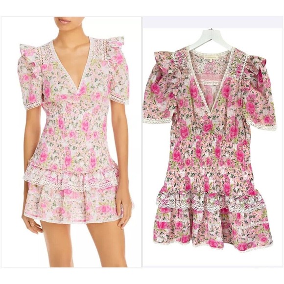 LoveShackFancy Dresses & Skirts - LoveShackFancy Dress Womens M Pink Floral Rena  Embroidered Smocked Mini Boho
